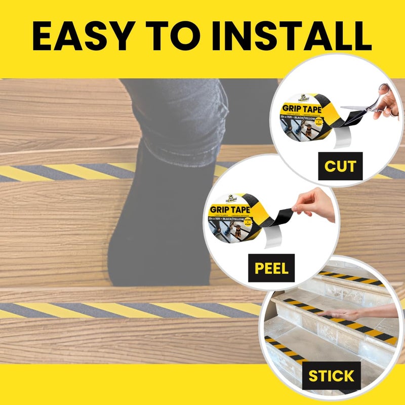 Slip No More! Grip Tape - Heavy Duty Hazard Tape Roll - Black and Yellow 2in x 15ft. Waterproof, Non Skid Tape for Stairs & Ramps. Yellow Caution Floor Tape for Indoors/Outdoors. Friction Tape Covers 5 Stairs. - Image 4